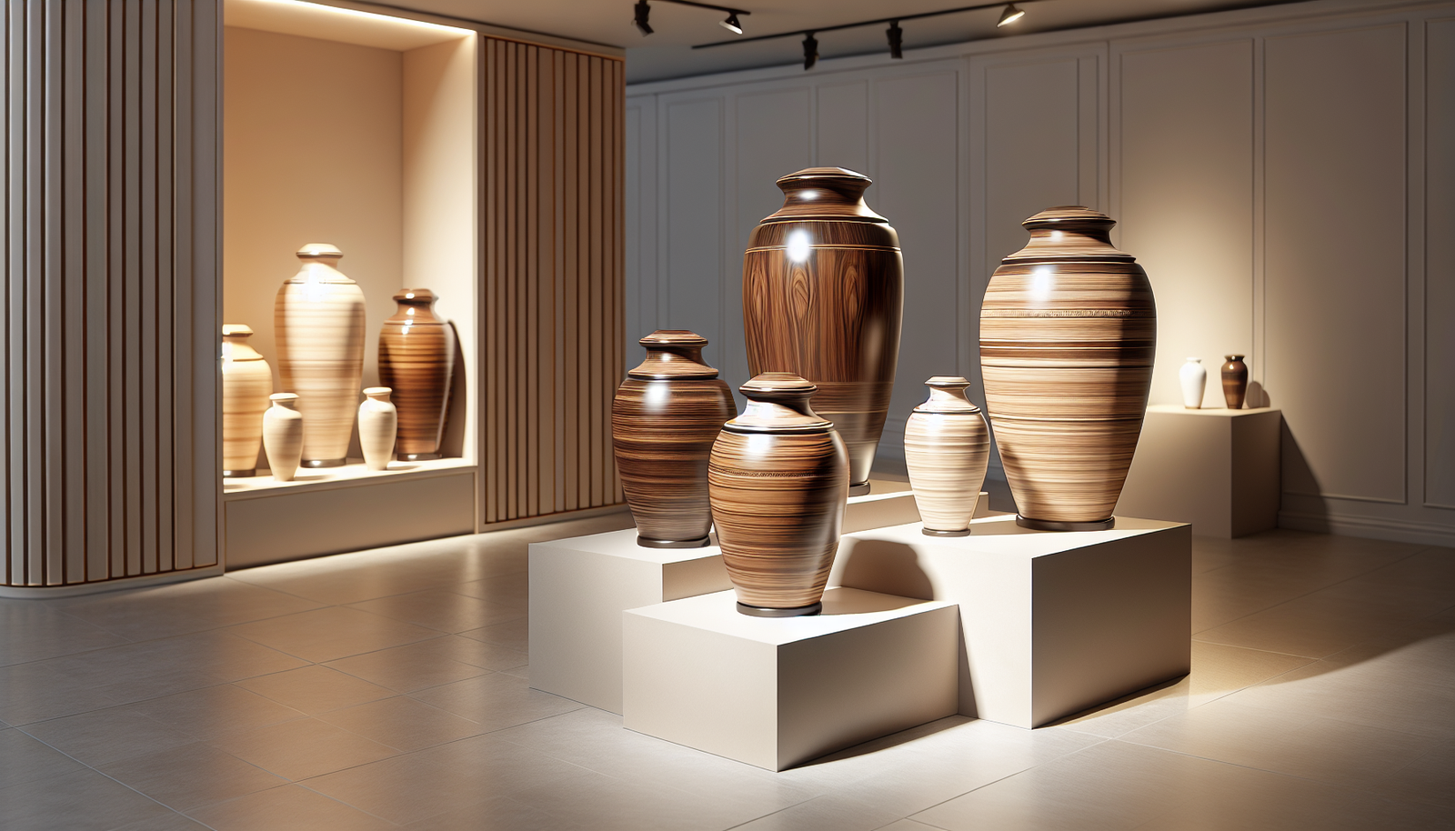 Urnas funerárias de madeira nobres em exposição em funerária de Brasília